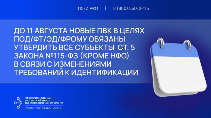 В срок до 11 августа 2025 г. лицам ст. 5 закона №115-ФЗ (кроме НФО) необходимо утвердить новую редакцию ПВК по ПОД/ФТ/ЭД/ФРОМУ в связи с изменениями требований к идентификации и требований к ПВК с 10 августа 2025 г.